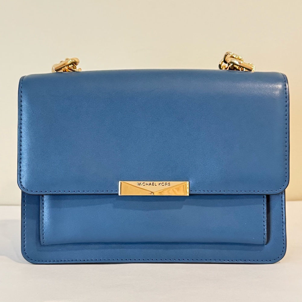 Michael Kors Jade Gusset Leather Shoulder Bag Blue Gold Chain Crossbody Shoulder - Picture 8 of 16